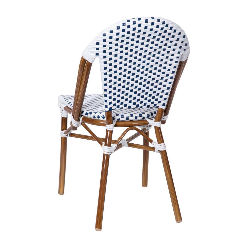 White and Navy Checkered PE Rattan Armless Side Chairs