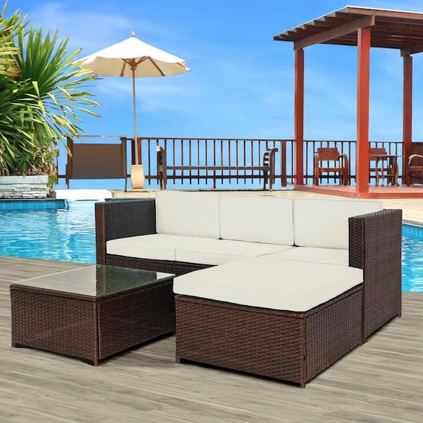 Wateday Outdoor 5-Pieces Wicker Patio Conversation Seating Set with Beige Cushions