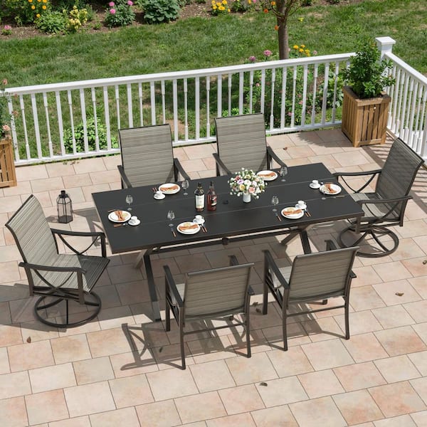 7-Piece Metal Patio Outdoor Dining Set with 4-Fixed Chairs, 2 Swivel Chairs, Umbrella Hole and Brown Textilene Fabric