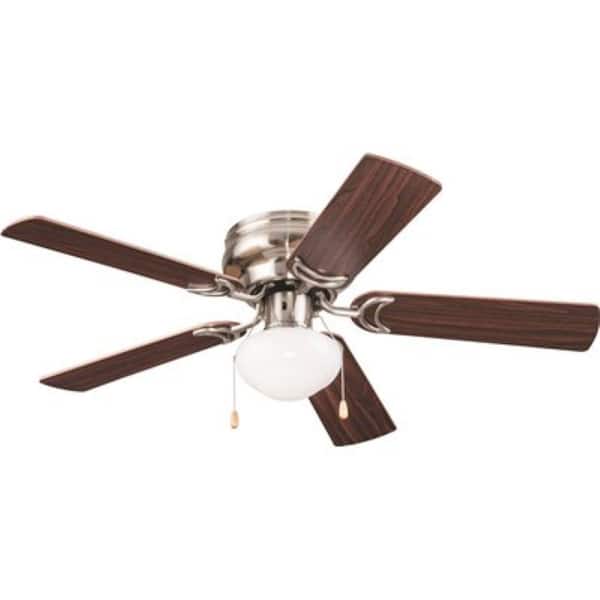 The Home Depot 42 in. Indoor Hugger Mount Ceiling Fan, 5 Walnut/Maple Blades Brushed Nickel.