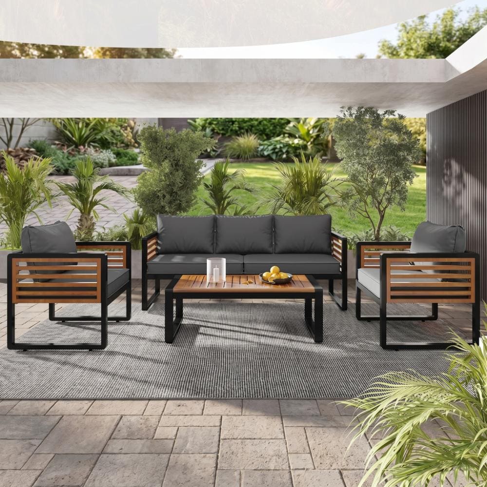 Large 4-Piece Black Metal and Brown Acacia Wood Outdoor Patio Conservation Sectional Sofa Set with Gray Cushion price history on PriceWatchPro