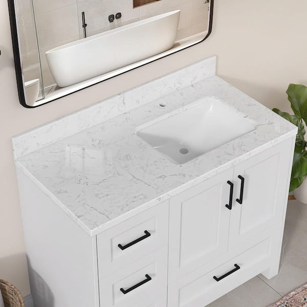 Ka 42 in. W x 22 in. D Engineered Stone Marble Rectangular Right Single Sink Vanity Top with Backsplash in Carrara White