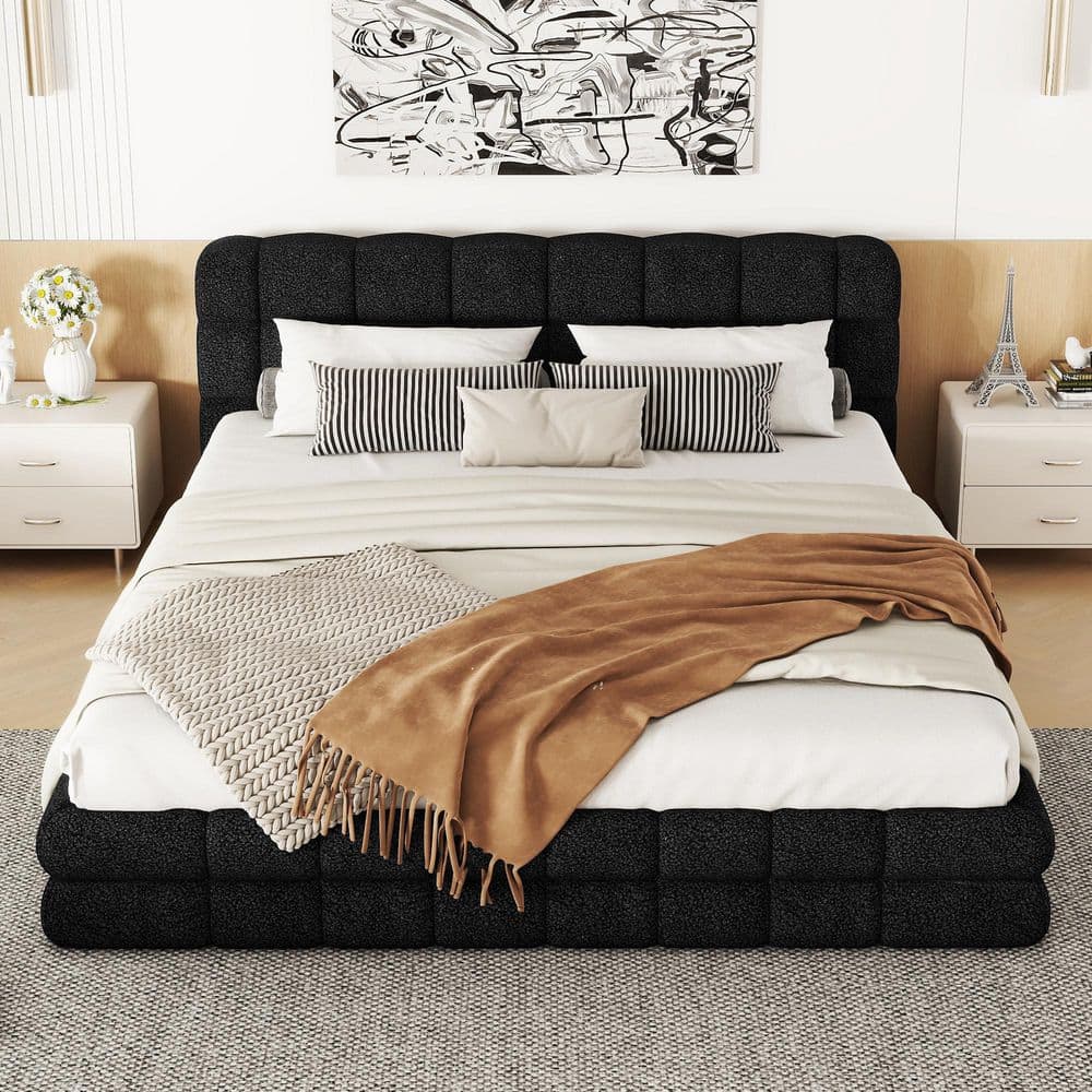 Black Wood Frame Queen Size Upholstered Platform Bed