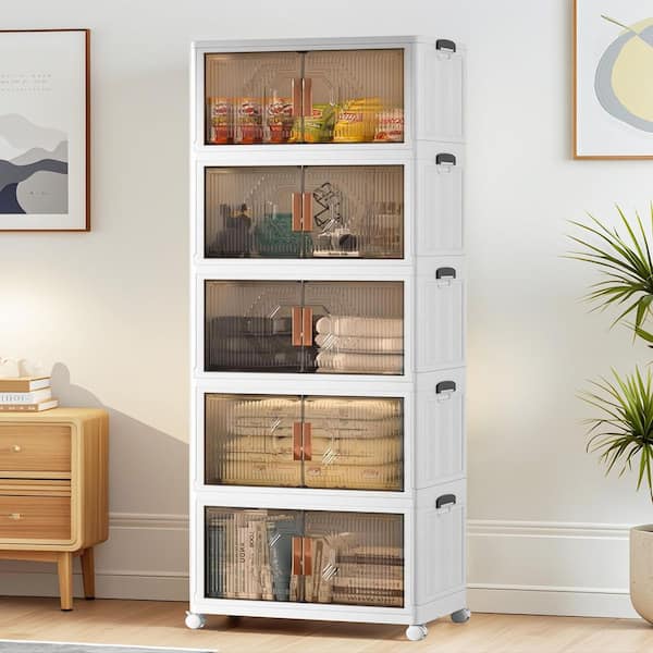 65.7 in. Foldable Storage Cabinet with Doors, 5-Tier Stackable Organizer with Wheels for Bedroom Living Room White