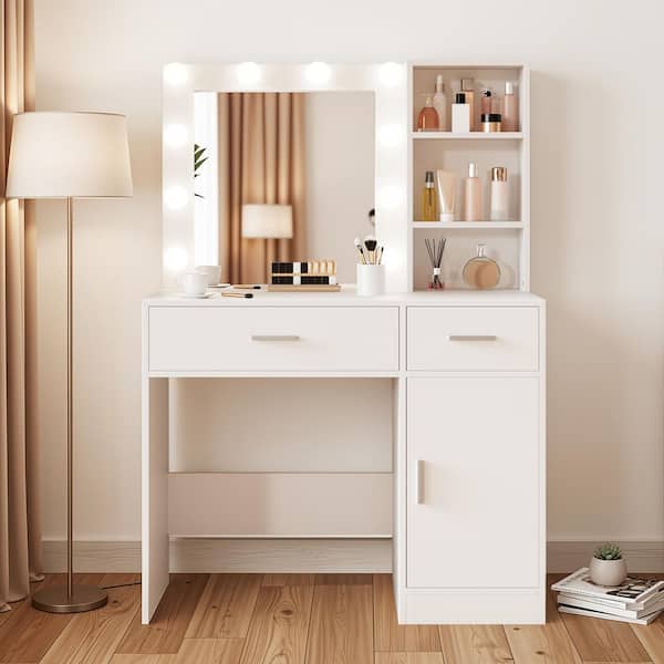pink and white dressing table Kids Vanity Desk Set with Mirror and Lights, Princess Wooden Makeup Vanity with Chair, Storage Shelves and Drawers, 2-in-1 Girls Dressing Table, White
