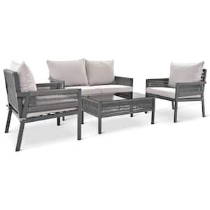 Gray 4-Piece Metal Patio Conversation Set with Beige Cushions, Tempered Glass Table