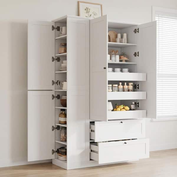 White Wood 73.6 in. Tall Kitchen Pantry Storage Cabinet with 8-Shelves, 2-Drawers and 3-Pull-Out Trays