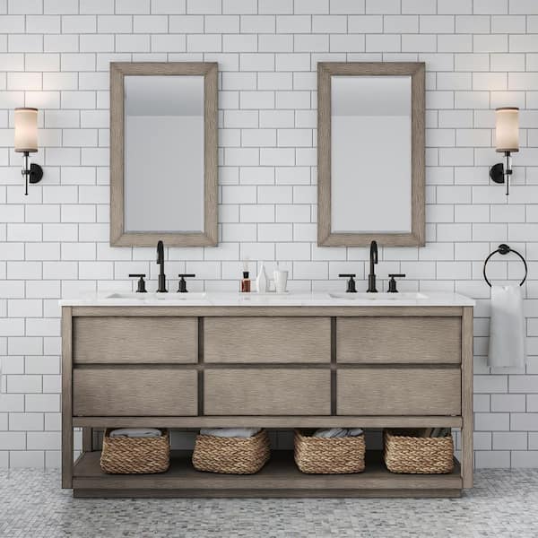 Oakman 72 in. W x 22 in. D x 34.7 in. H Double Sink Bath Vanity in Grey Oak with Carrara White Marble Top with Mirror