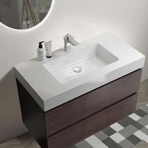 36 in. Single Sink Wall Mounted Rose Wood Bath Vanity with White Solid Surface Top Unassembled without Drain and Faucet