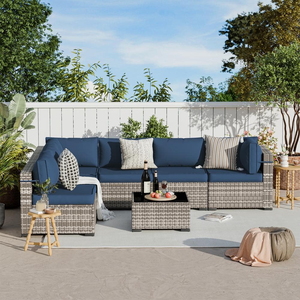 7-Piece Gray Wicker Outdoor Patio Conversation Set with Navy Cushions