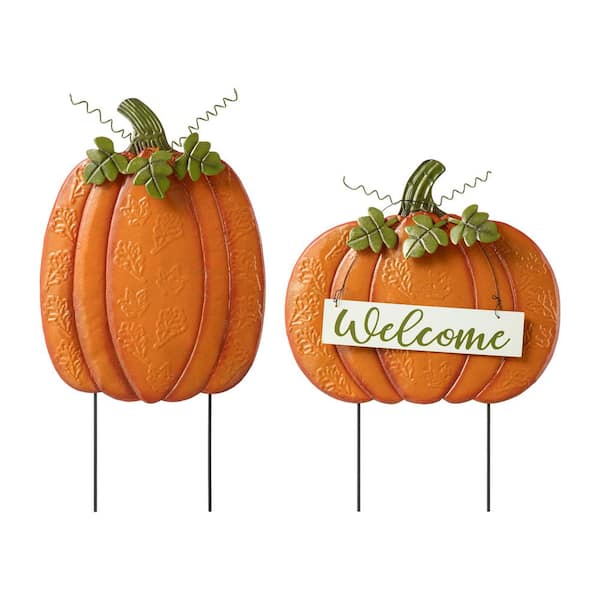 Fall Metal Embossed Glitter Pumpkin Yard Stake or Porch Decor (Set of 2 )