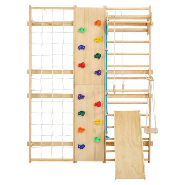 9-in-1 Swedish Ladder Gym, 17-Level Wood Stall Bars for Kids and Adults, 220 lbs. with Rock Wall, Gym Rings and Slide