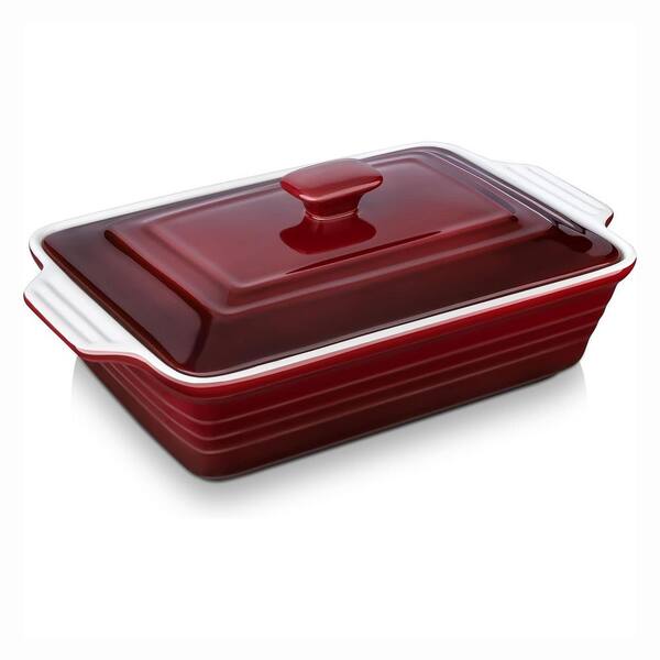 4.5 qt. Gradient Red Ceramic Stoneware Casserole Dish Oven Safe with Lid, Bakeware for Lasagna, Roasting