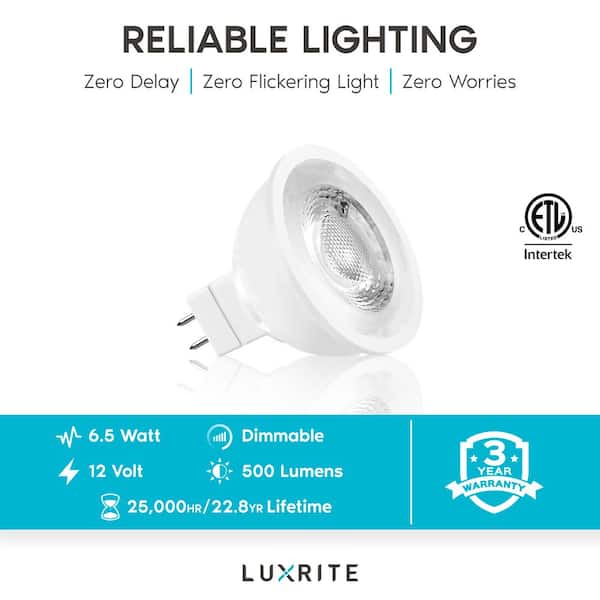 Enclosed Fixture Rated 2700K Warm White Dimmable 500 Lumens GU5.3 LED Spotlight Bulb 6.5W Luxrite MR16 LED Bulb 50W Equivalent 12V 6 Pack Perfect for Track and Home Lighting