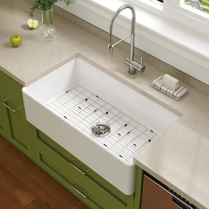 White Fireclay 36 in. Single Bowl Kitchen Sink Farmhouse Apron Front Kitchen Sink with Bottom Grid and Strainer