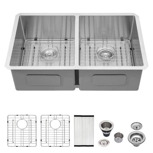 33 in. Undermount Double Bowl Sink 50/50 16-Gauge Brushed Stainless Steel Kitchen Sink with Bottom Grids