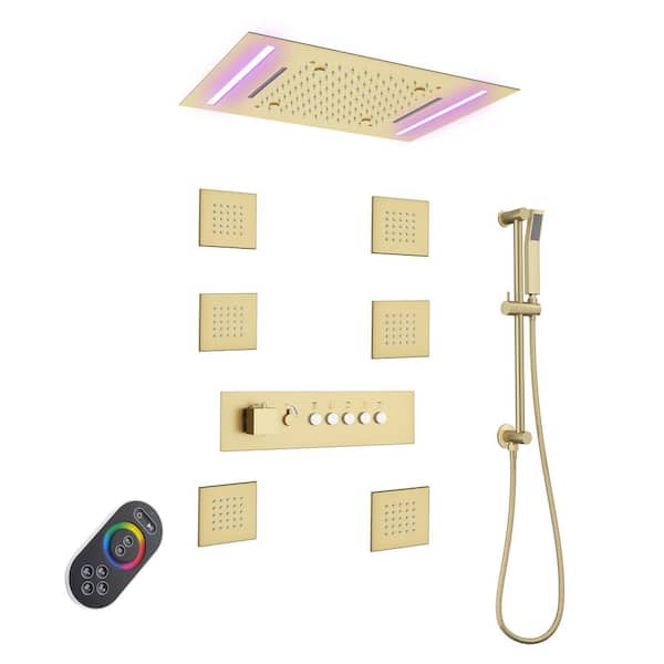 Unbranded Luxury 5-Spray 2.5 GPM 19.7 in. Thermostatic Ceiling Mount Dual Shower Heads with LED and 6-Jet in Brushed Gold
