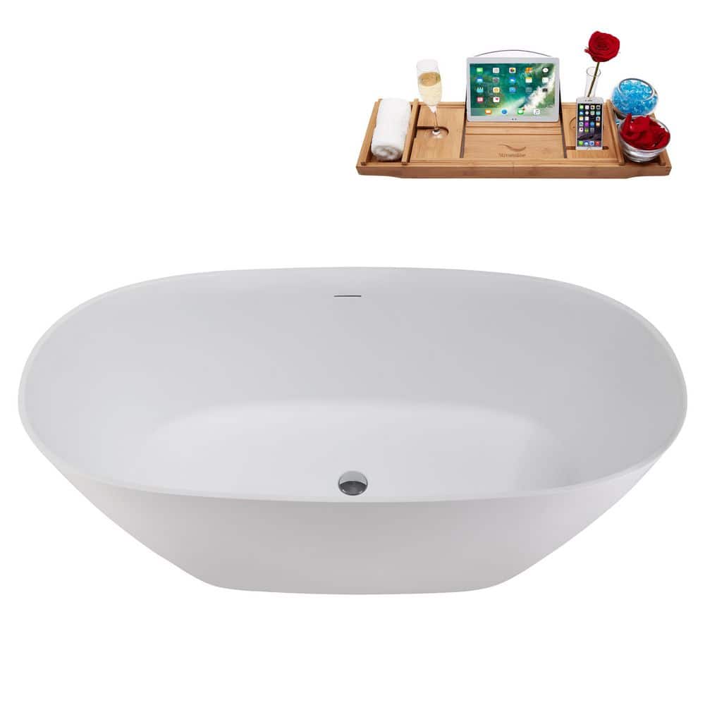 67" Matte White Stone Resin Freestanding Soaking Tub with Chrome Drain