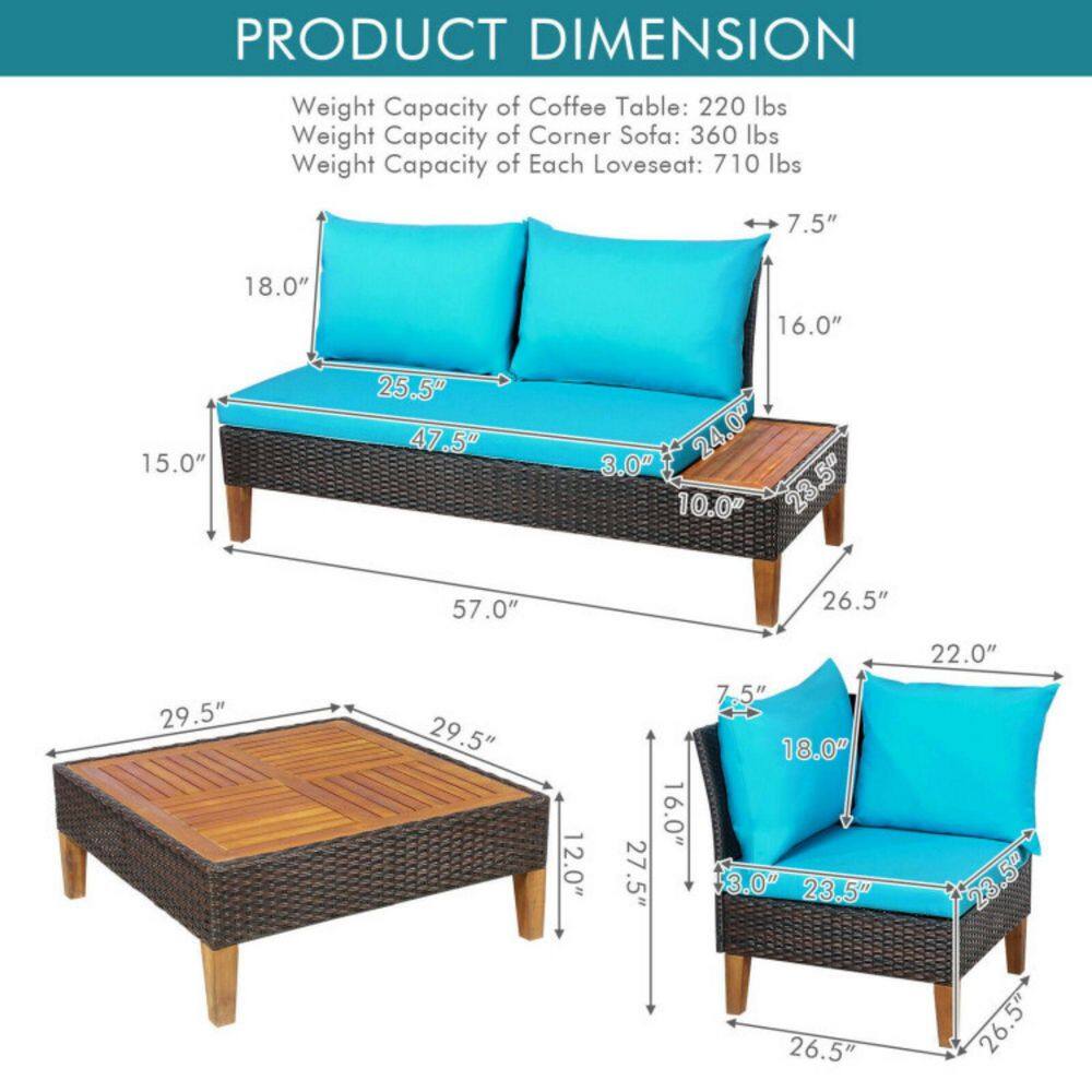 Turquoise Acacia Wood and Rattan 4-Person Patio Conversation Set