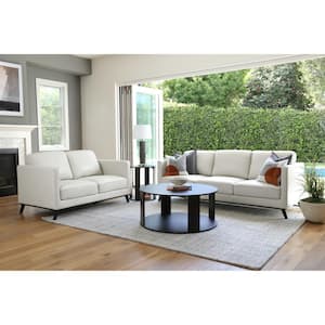 Walter 89 in. Slope Arm Top Grain Leather Rectangle Sofa in. Ivory with Loveseat
