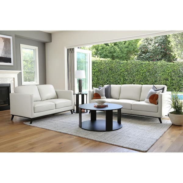 DEVON & CLAIRE Walter 89 in. Slope Arm Top Grain Leather Rectangle Sofa in. Ivory with Loveseat