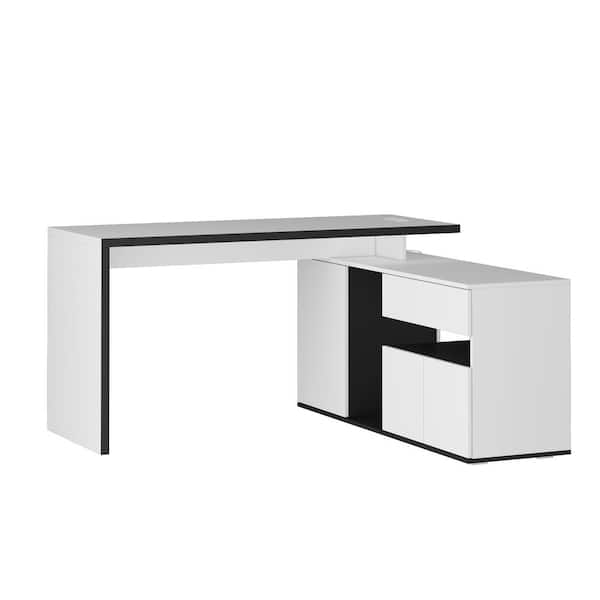 FUFU&GAGA 55.1 in. W L-Shape White Wooden 1-Drawer Computer Desk, Writing Desk with 4 Shelves & 1 Drawer for Storage