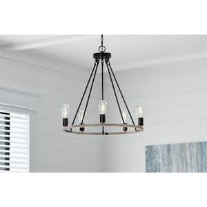 Stratton 5-Light Black and Woodgrain Wagon Wheel, Industrial Farmhouse Dining Room Chandelier with Bulbs Included