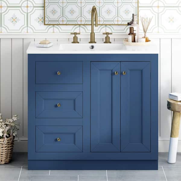 36 in. Single Sink Freestanding Blue Bath Vanity with White Ceramic Top and 2-Drawer Storage Cabinet Unassembled
