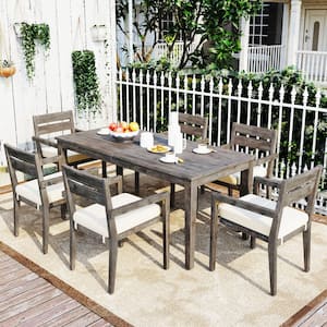 7-Piece Dark Brown Wood Patio Outdoor Dining Set with Grey Cushions for gardens, backyards