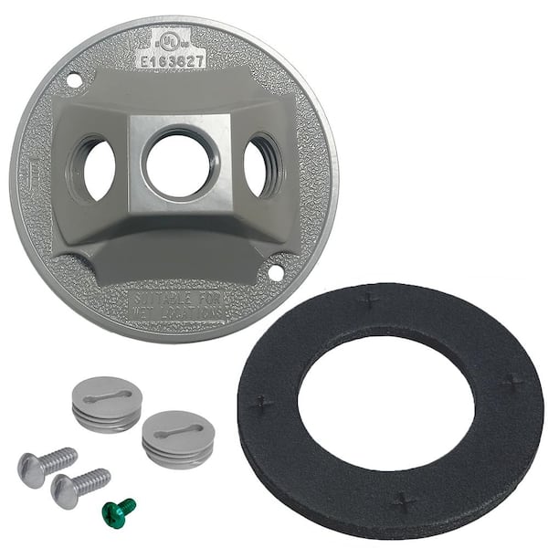 Commercial Electric Round Metal Weatherproof Electrical Lamp Holder Cover with (3) 1/2 inch Holes, Gray