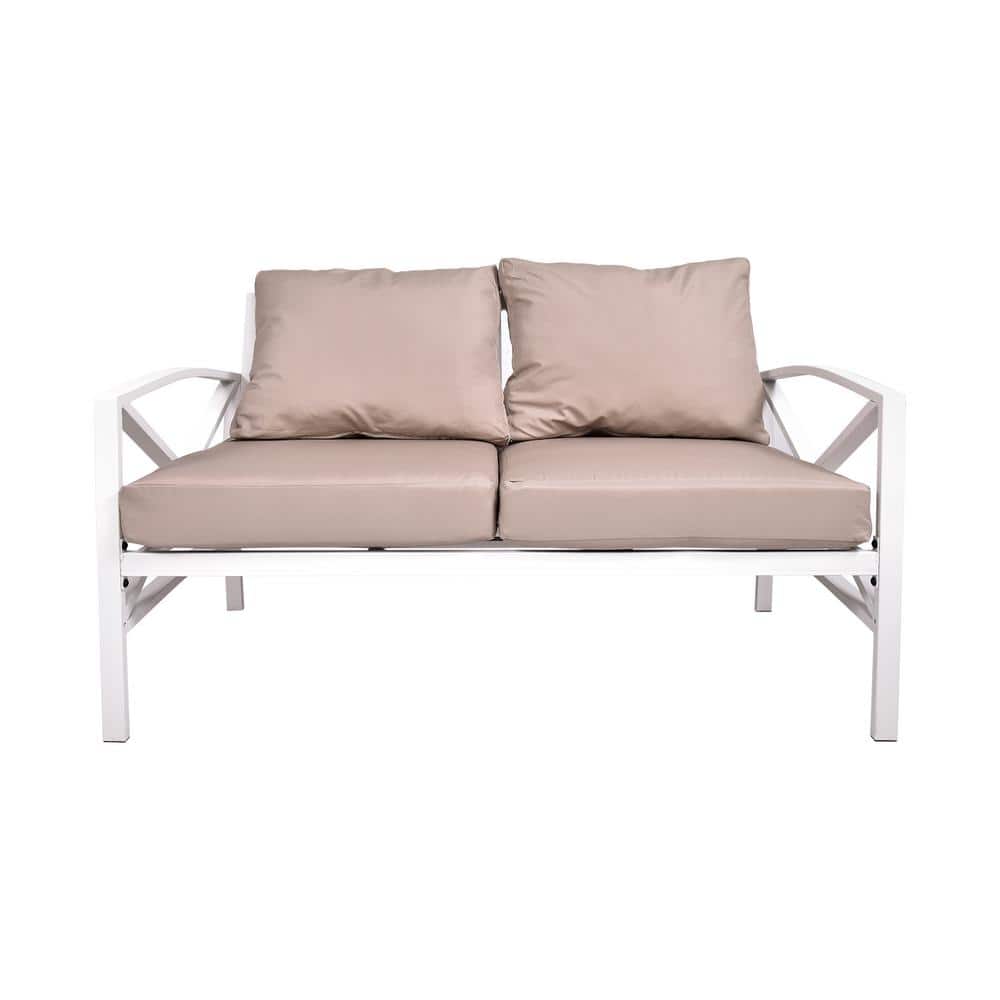 2-Seat White Metal Outdoor Sofa Couch with Beige Cushions