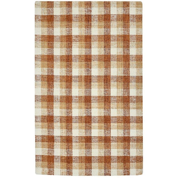 4 ft. x 6 ft. Orange Beige And Brick Red Wool Plaid Hand Tufted Area Rug