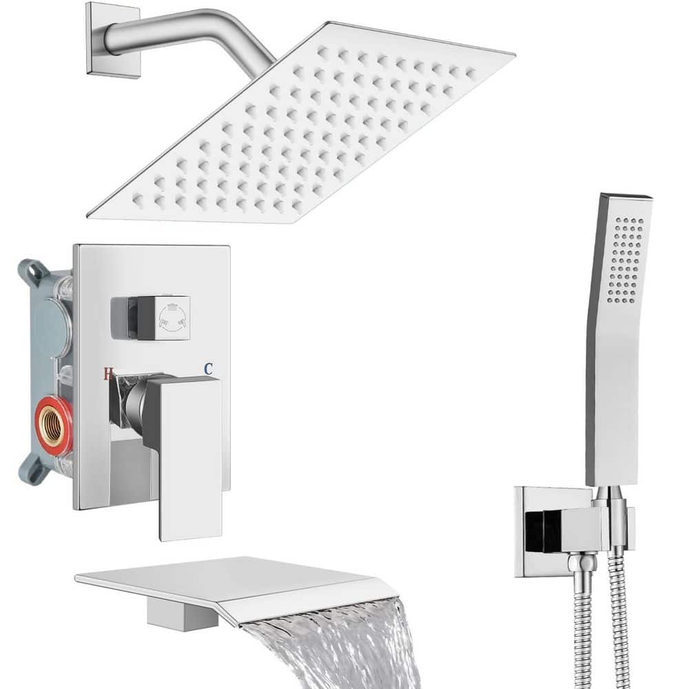 Shower System with Tub Spout, Bathtub Shower Faucet Set with Square Rainfall Head and Handheld Sprayer, Chrome price history on PriceWatchPro