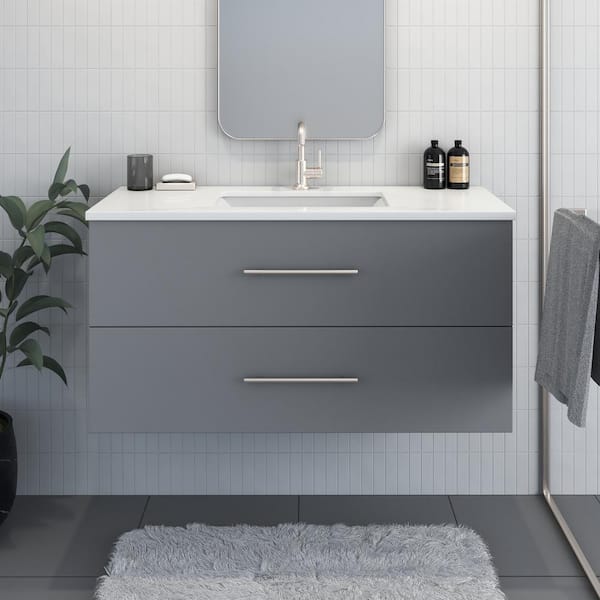 VOLPA USA AMERICAN CRAFTED VANITIES Napa 48 in. W x 22 in. D x 21-3/8 in. H Single Sink Bathroom Vanity Wall Mounted in Gray with White Quartz Countertop