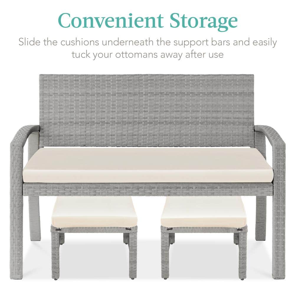 Gray Wicker Patio Ottomans with Cream Cushions, Set of 2