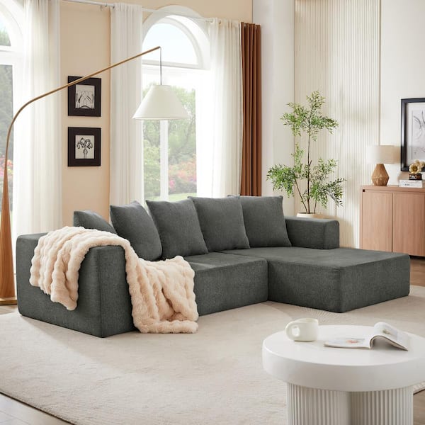J&E Home 105.2 in.W Square Arm Linen 2-piece Chenille L-Shaped Left Facing Modular Sectional Sofa in Light Green