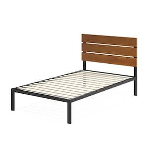 Brown Metal and Bamboo Frame Twin Platform Bed with Wood Slat Support