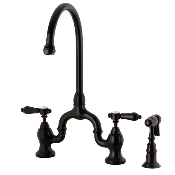 Kingston Brass Heirloom Double-Handle Deck Mount Bridge Kitchen Faucet with Brass Sprayer in Oil Rubbed Bronze