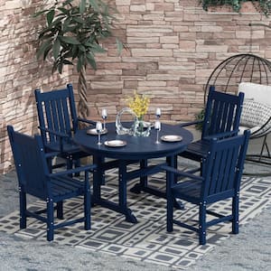 Hayes 5-Piece HDPE Plastic All Weather Outdoor Patio Round Trestle Table Dining Set with Arm Chairs in Navy Blue