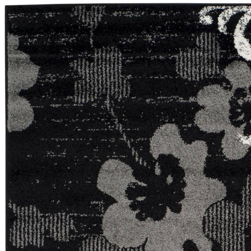 Black and Silver Floral Square Synthetic Area Rug
