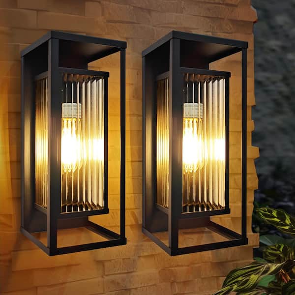 Industrial Series 1-Light Matte Black Indoor/ Outdoor Wall Sconce with Glass Shade and Metal Frame (2-Pack)