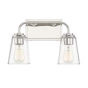 15 in. W x 9.75 in. H 2-Light Polished Nickel Bathroom Vanity Light with Clear Glass Shades