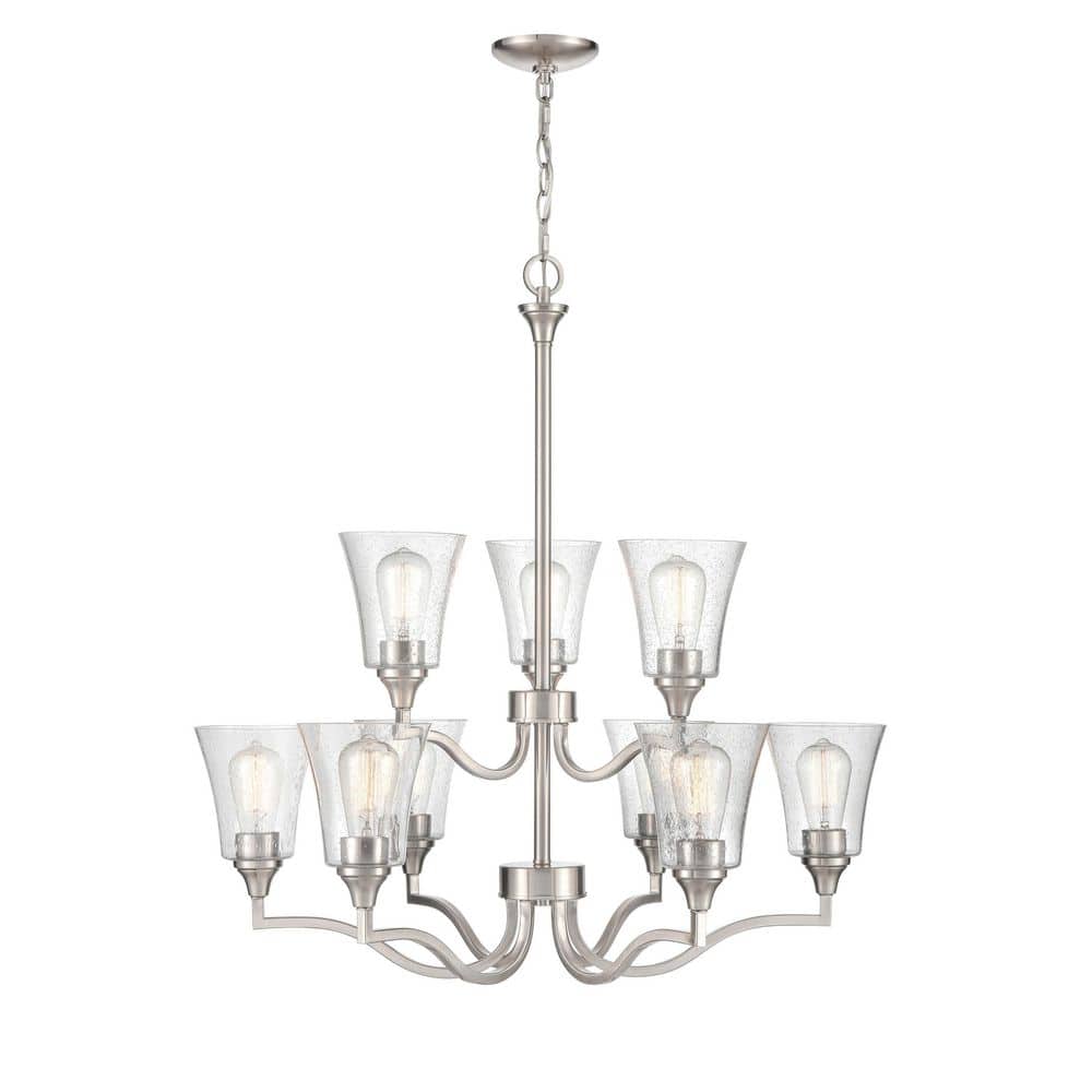 Brushed Nickel 9-Light Contemporary Chandelier with Glass Shades