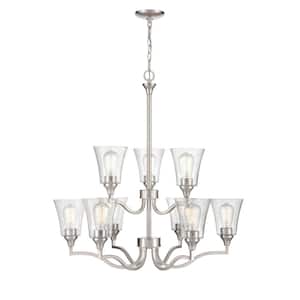 Caily 31.5 in. 9-Light Brushed Nickel Chandelier Light with Clear Seeded Glass