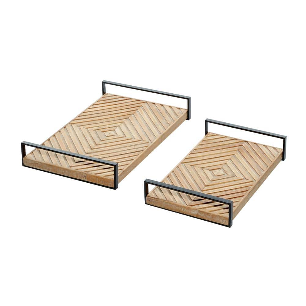Brown Rectangular Wood Tray Set with Black Handles, 19" and 16"