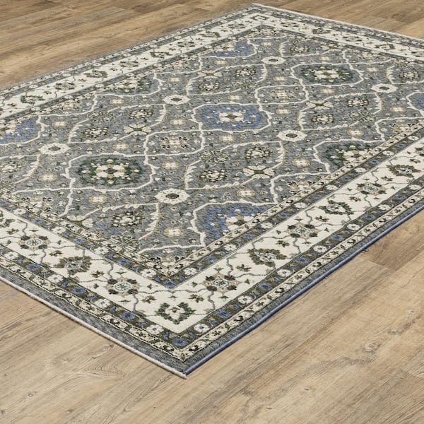 Hunter Blue/Ivory 6 ft. x 9 ft. Bordered Floral Oriental Polyester Fringe-Edge Indoor Area Rug