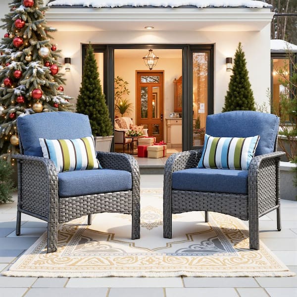 Toject Denali Gray Modern Wicker Outdoor Lounge Chair Seating Set with Denim Blue Cushions (2-Pack)