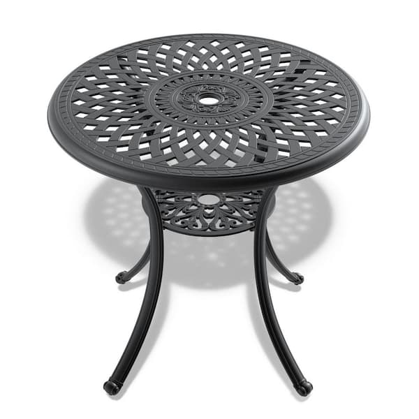 Tidoin Black Round Cast Aluminum Outdoor Dining Table with Umbrella Hole