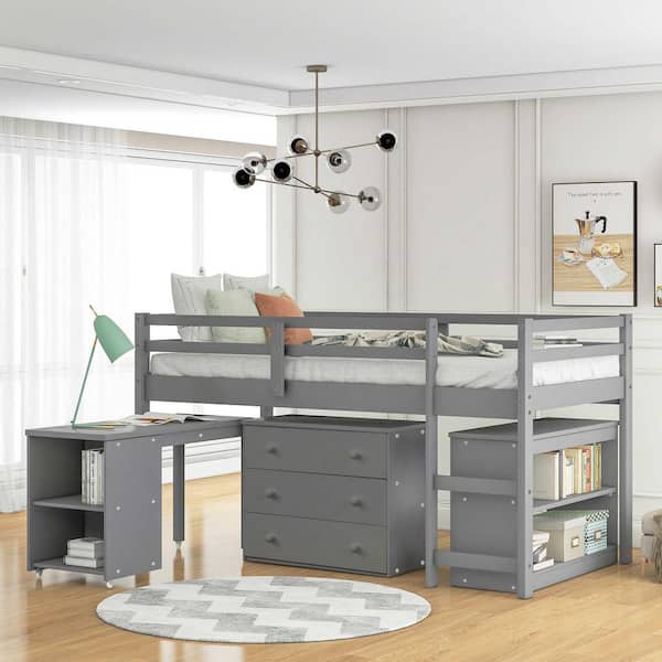 Low Study Twin Loft Bed with Cabinet and Rolling Portable Desk-Gray