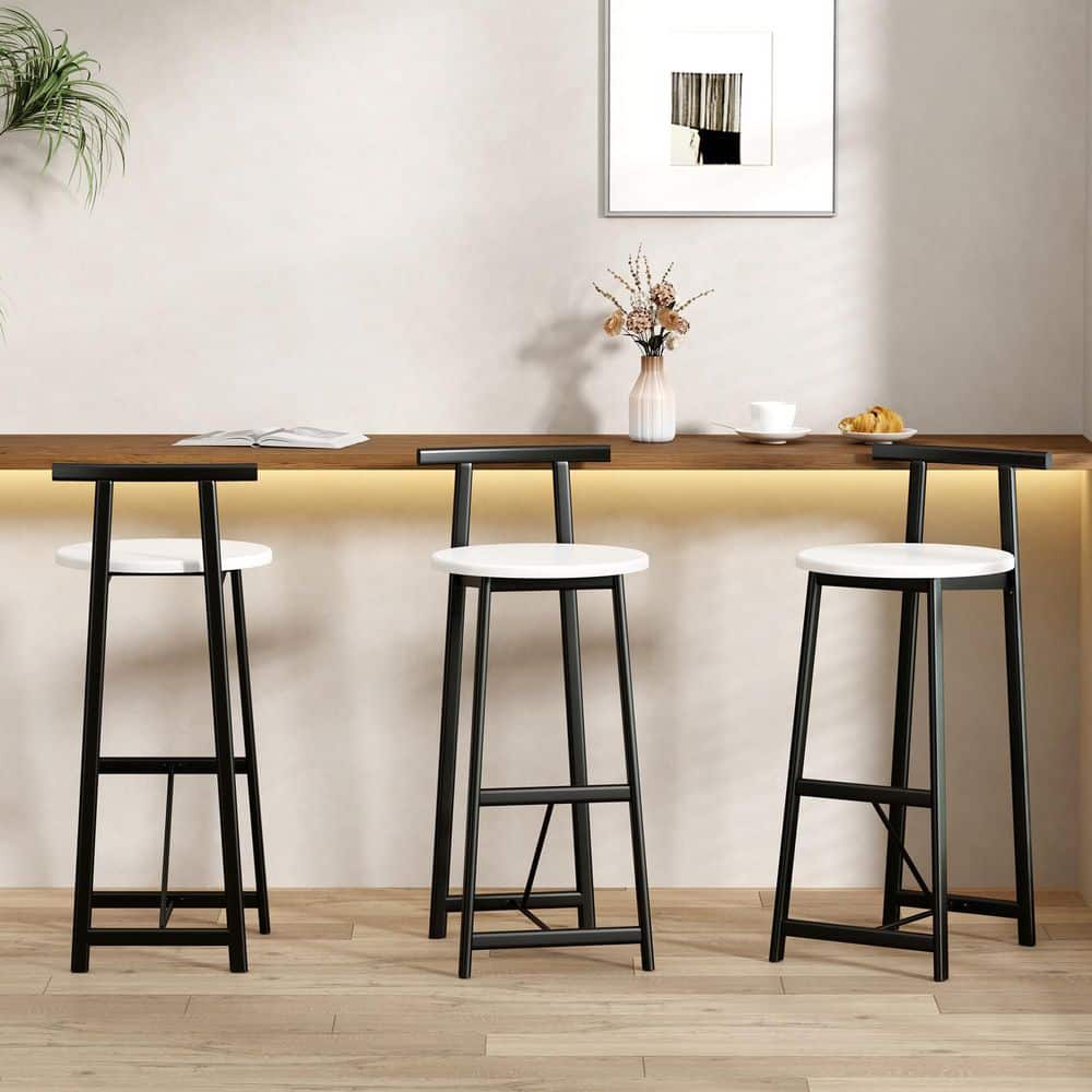 White Wood Bar Stool Set of 3, Counter Height Barstools with Back Armless D
